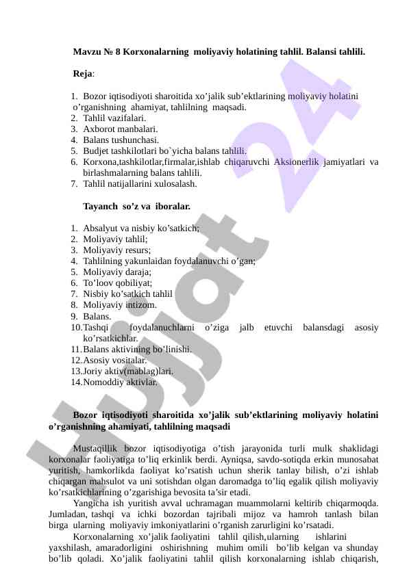 Korxonalarning moliyaviy holatini tahlil qilish usullari