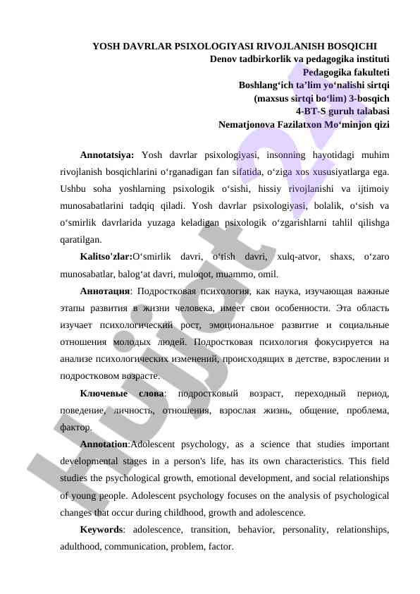 Yosh davrlar psixologiyasi rivojlanish bosqichi