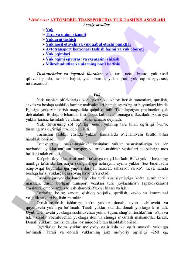 Avtomobil transportida yuk tashish asoslari