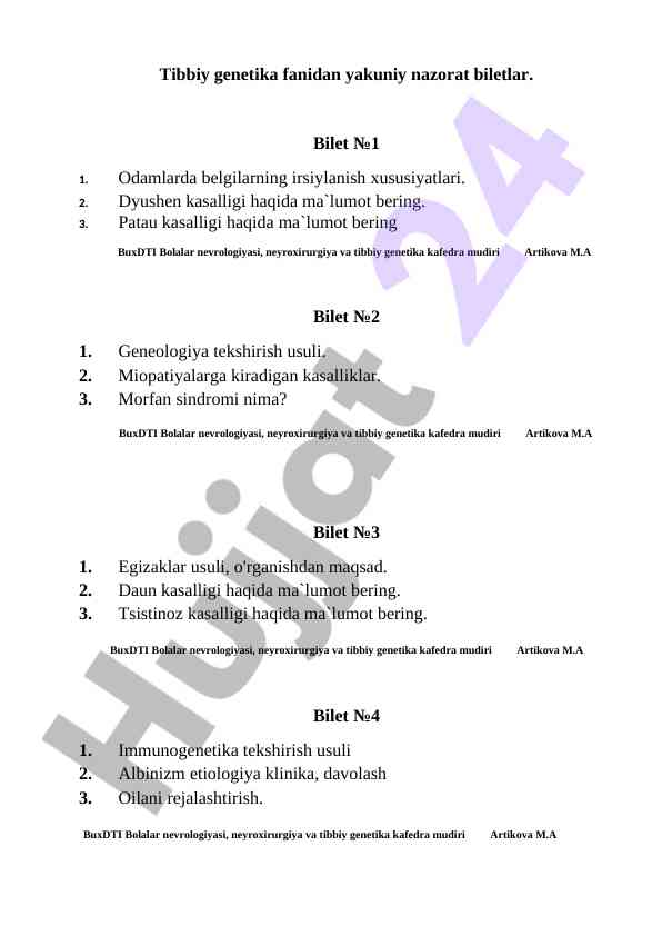 Tibbiy genetika fanidan nazorat biletlar