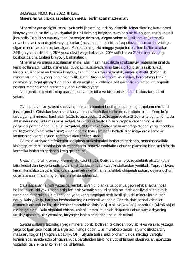 Minerallar va ularning metall bo‘lmagan materiallari