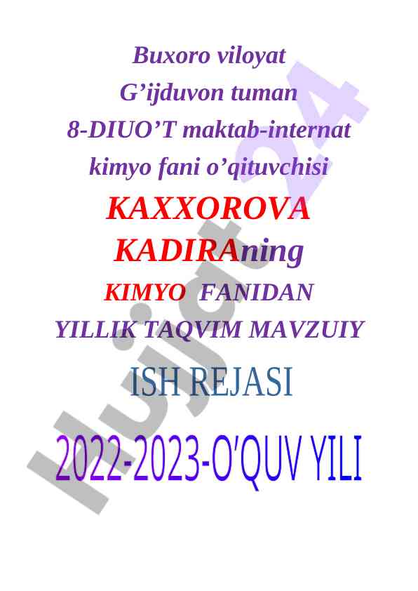 Kimyo fanidan yillik taqvim mavzuiy ish rejasi