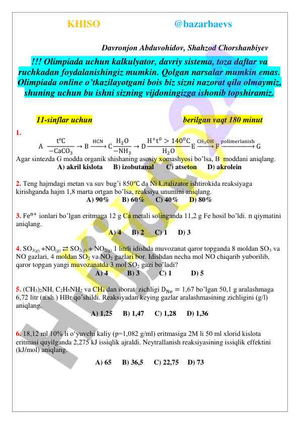 Olimpiada yig‘ilishida foydalaniladigan test savollari