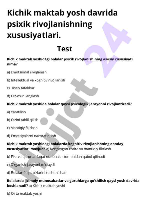 Kichik maktab yoshidagi bolalar psixik rivojlanishi
