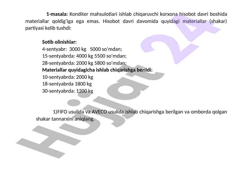 Tannarxni aniqlash usullari bo'yicha hisoblar