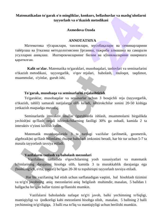 Matematika to'garaklari va seminarlari metodikasi