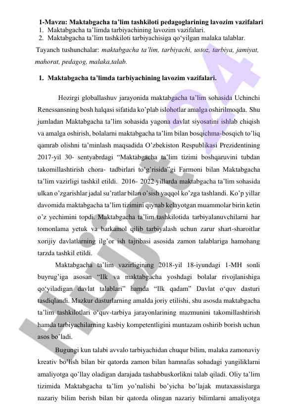 Maktabgacha ta’lim tashkiloti pedagoglarining vazifalari