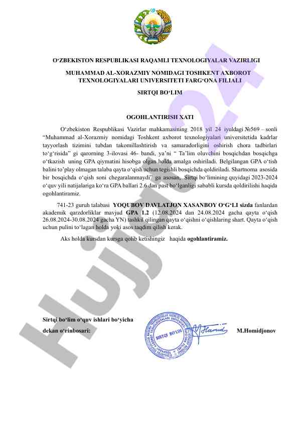 Gpa tizimi va akademik qarzdorliklar haqida ogo‘hlantirish