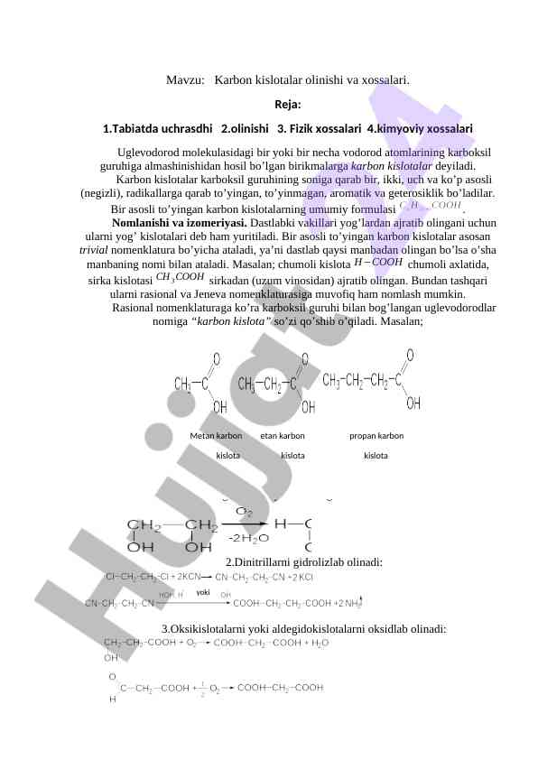 Karbon kislotalar olinishi va xossalari