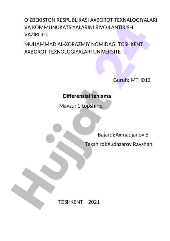 Differensial tenlama 1-topshiriq bo'yicha hisobot