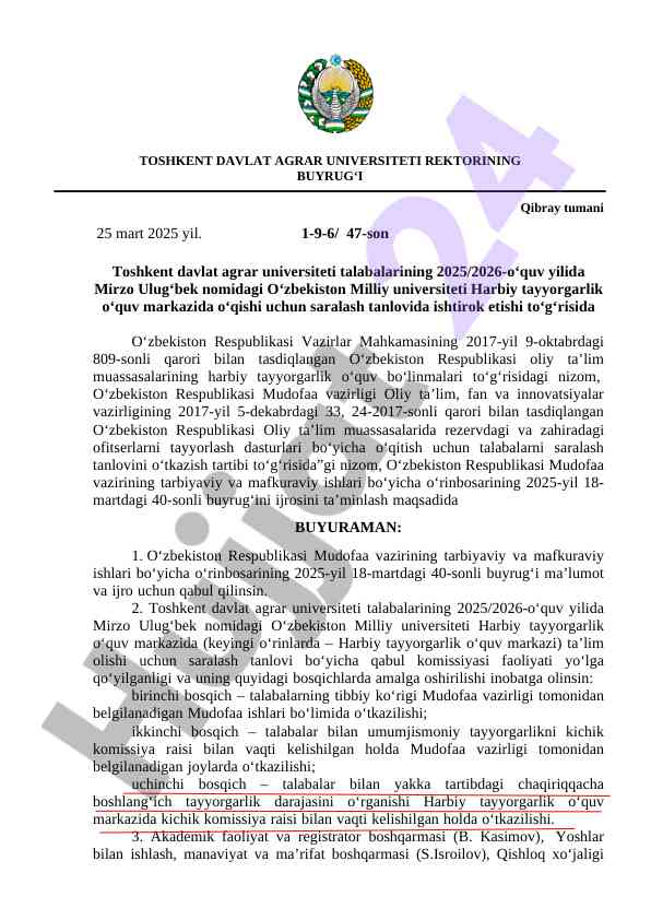 Oliy ta’limda harbiy tayyorgarlik bo‘yicha qoidalar