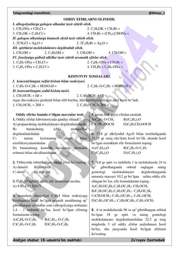 Oddiy efirlar laboratoriyada olish usullari