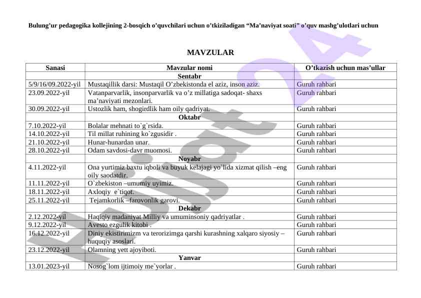 Ma’naviyat soati o’quv mashg’ulotlari mavzulari
