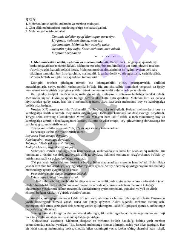 Mehmon kutish odobi va mezonlarning muloqoti
