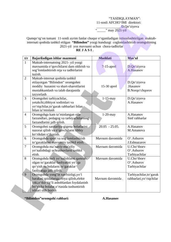 2021-yil yoz mavsumi uchun reja va tadbirlar