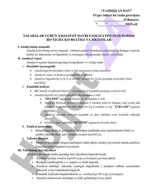 Talabalar uchun amaliyot davri faoliyati ko‘rsatmalari