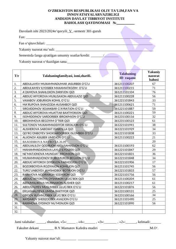 Baholash qaydnomasi davolash ishlari 2023/2024