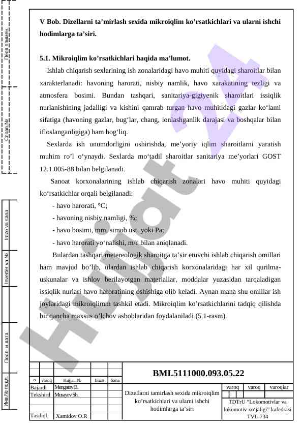 Dizellarni ta'mirlash sexida mikroiqlim ko'rsatkichlari