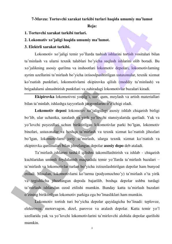 Tortuvchi xarakat tarkibi turlari haqida umumiy ma’lumot