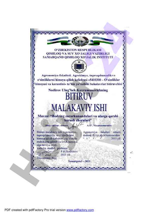 Bodring zararkunandalari va ularga qarshi kurash