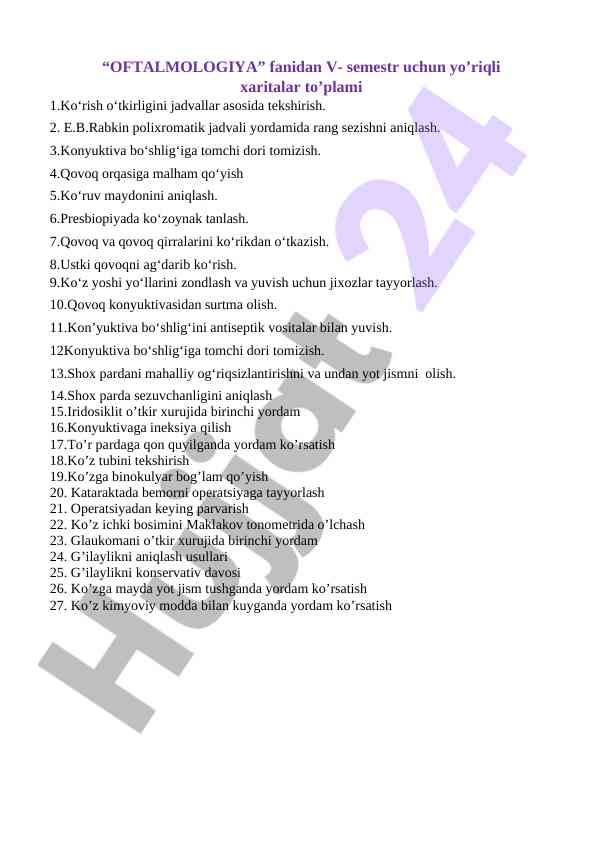 Oftalmologiya fani v semestr uchun yo‘riqli xaritalar