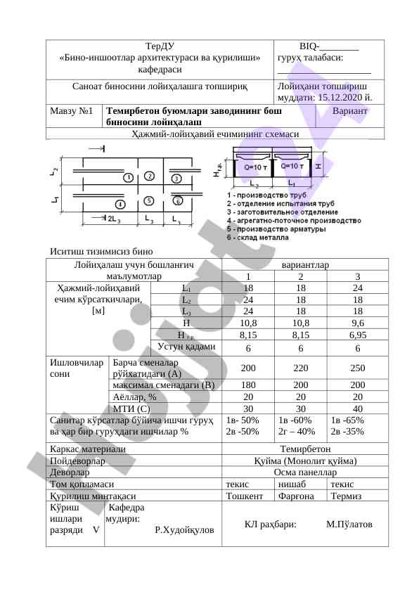 Sanoat bino loyihalash topshiriq