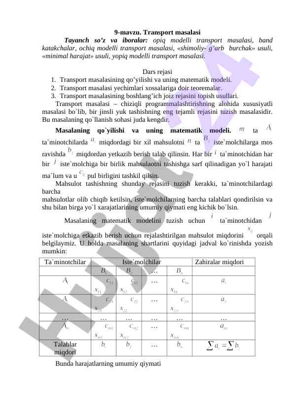Transport masalasini yechish usullari va modellar