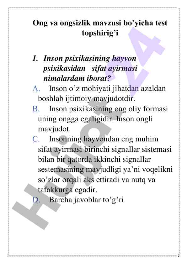 Inson psixikasi va hayvon psixikasi quiz testi