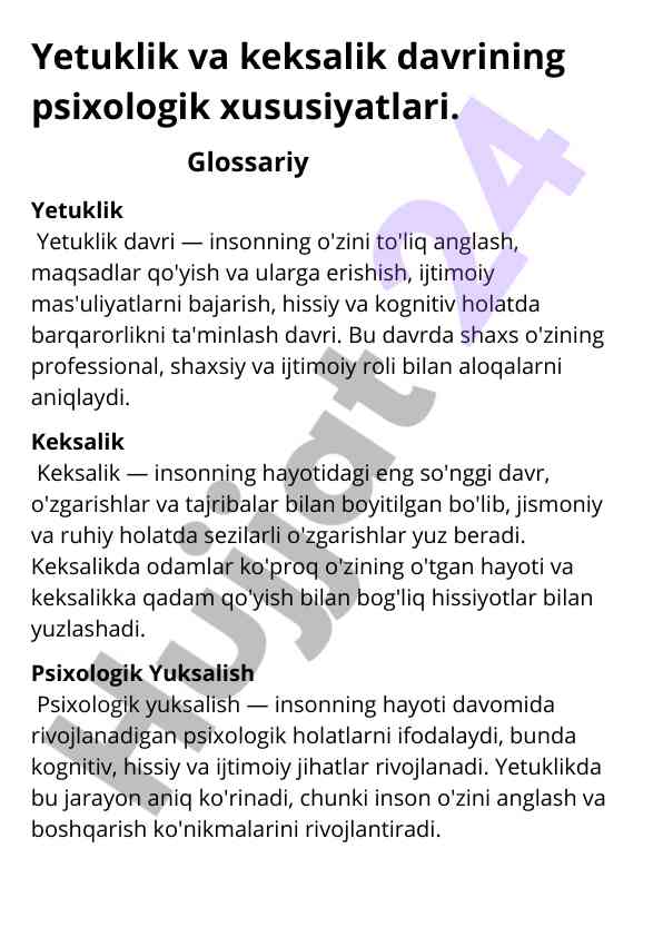 Psixologik xususiyatlar yetuklik va keksalik davrida
