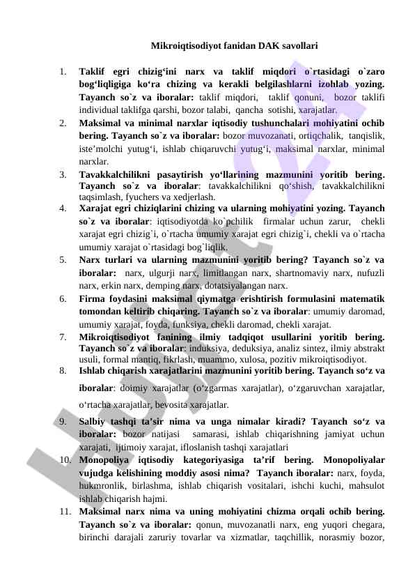 Mikroiqtisodiyot fanidan dak savollari