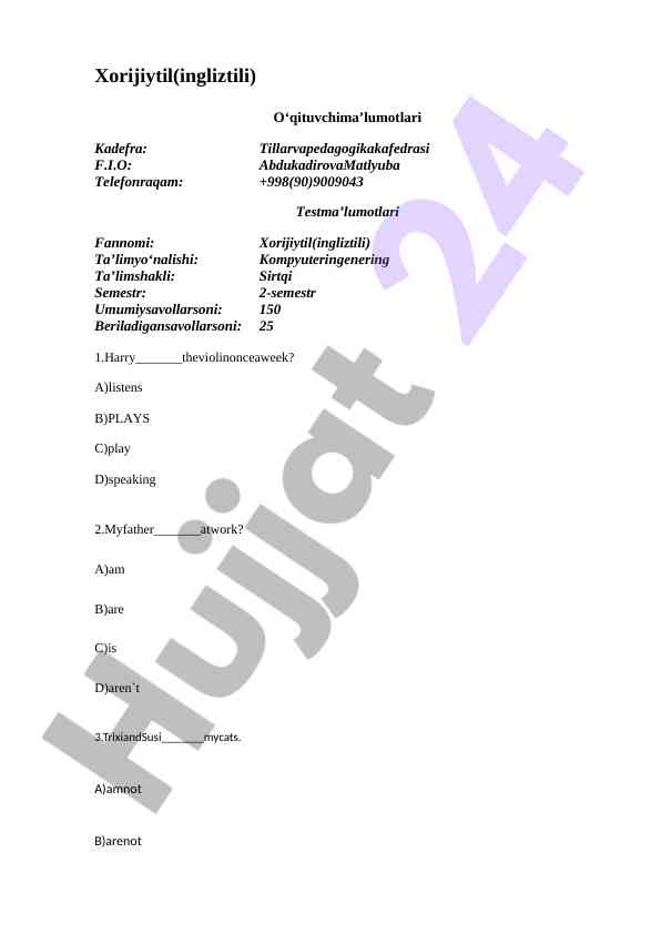 Xorijiy til testlari va savollari