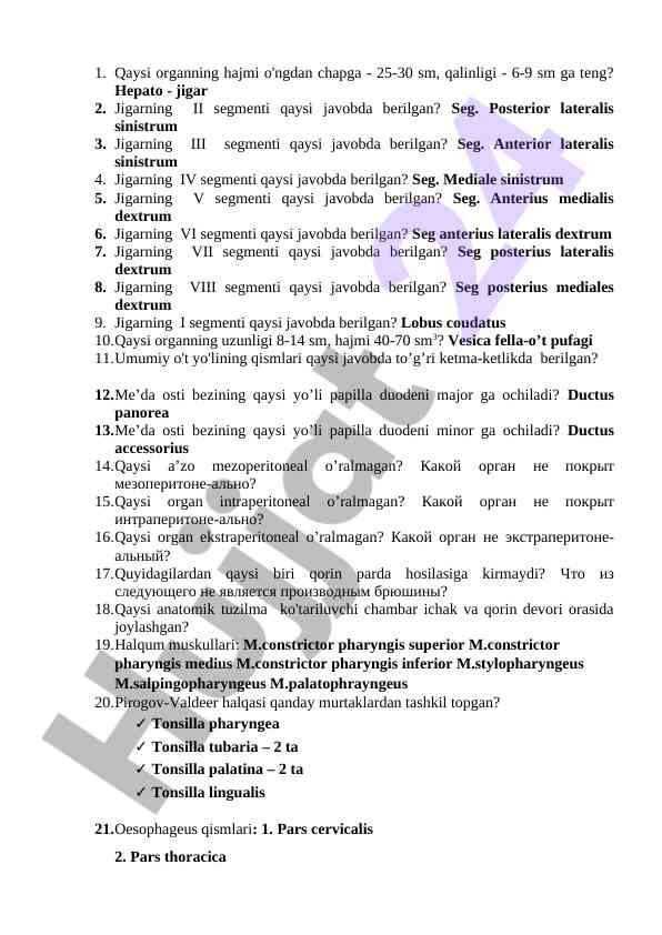 Jigarning segmentlari va ularning joylashuvi