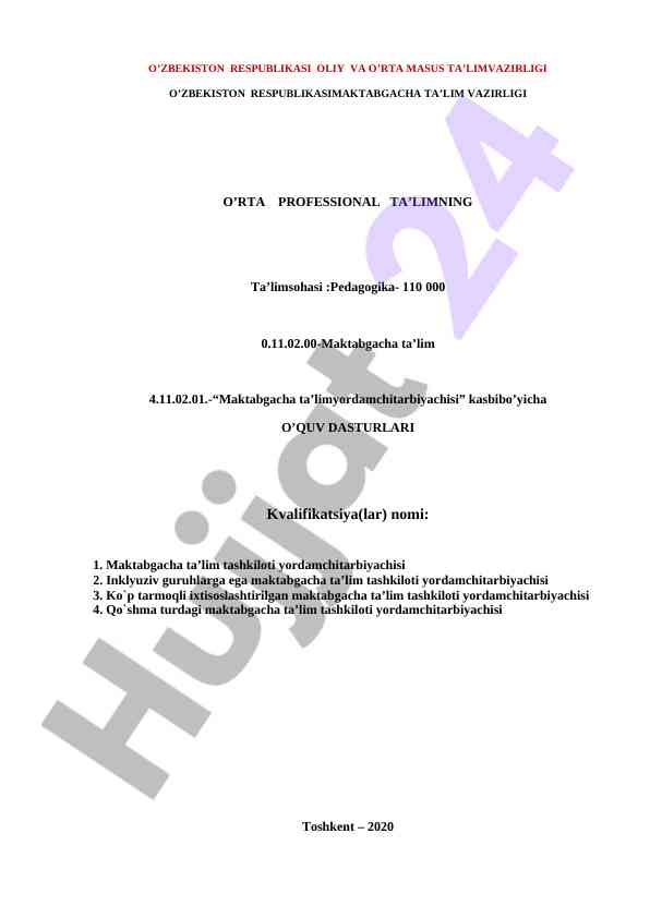 Maktabgacha ta’lim yordamchisi o‘quv dasturlari