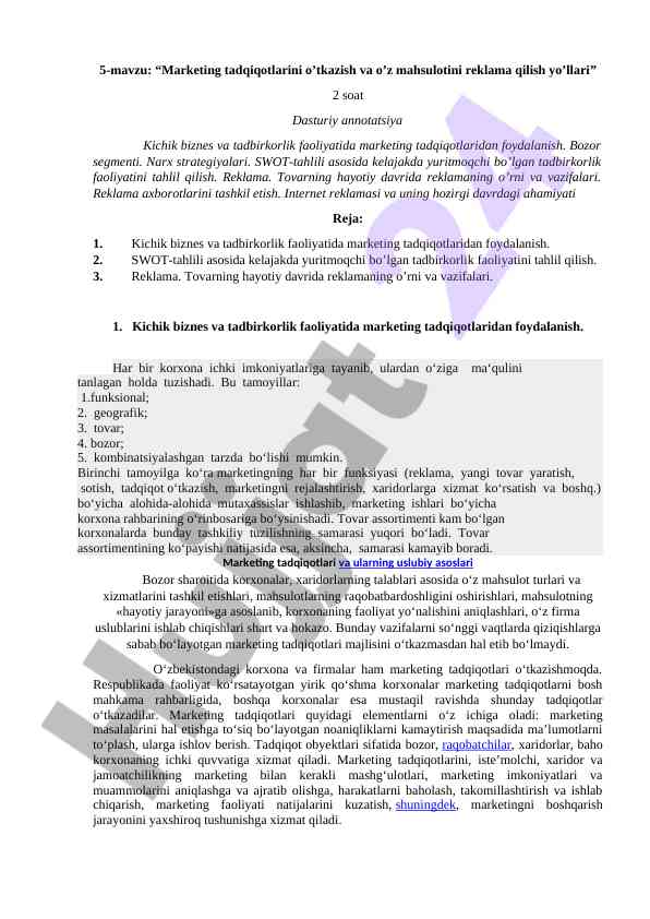 Marketing tahlillari va reklama yo'llari