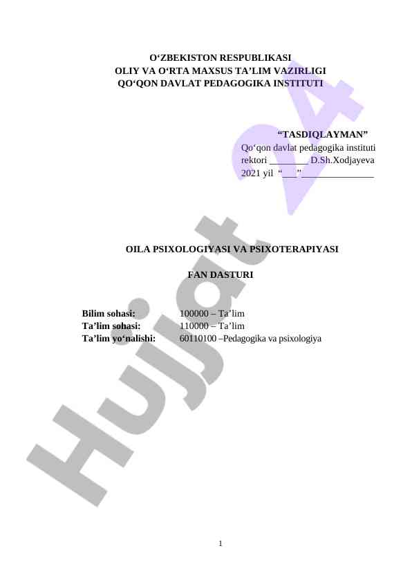 Oila psixologiyasi va psixoterapiyasi fan dasturi