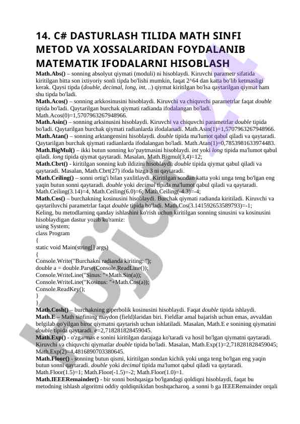 C# Dasturlash Tilida Math Sinfi Metodlari