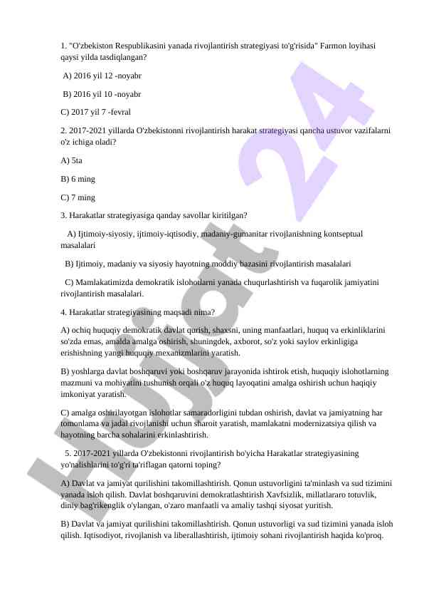O'zbekiston rivojlanish strategiyasi savollari