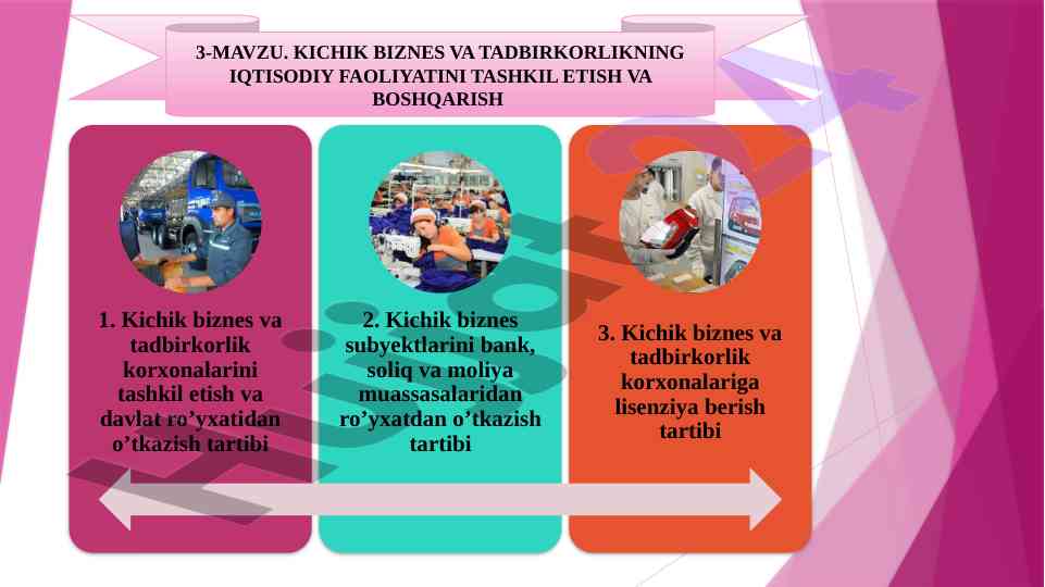 Kichik biznes va tadbirkorlikning faoliyatini tashkil etish