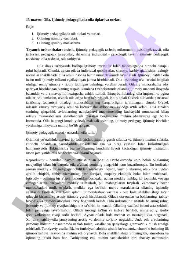 Ijtimoiy pedagogikada oila tiplari va turlari