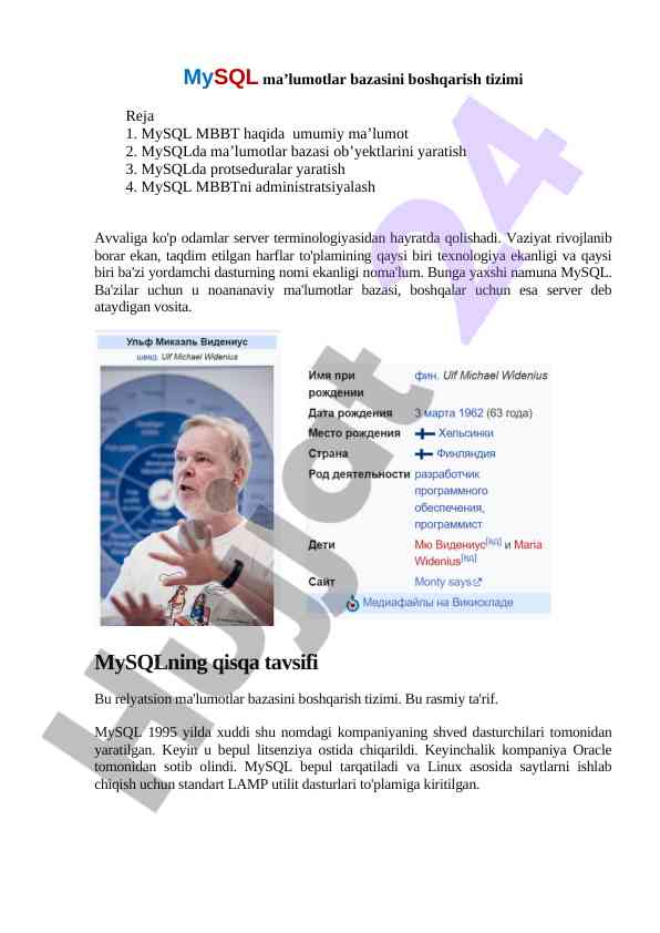 Mysql ma’lumotlar bazasi boshqarish tizimi