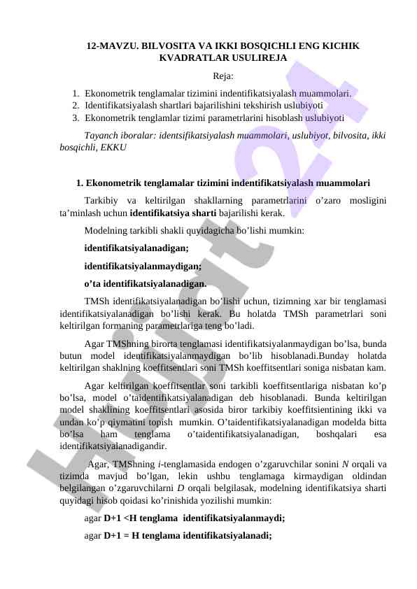 Bilvosita Va Ikki Bosqichli Eng Kichik Kvadratlar