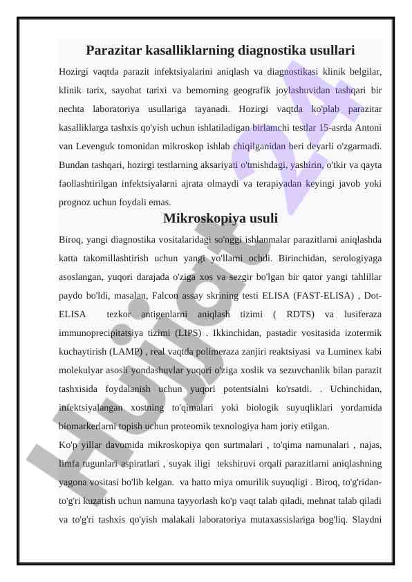 Parazitar kasalliklarning diagnostika usullari