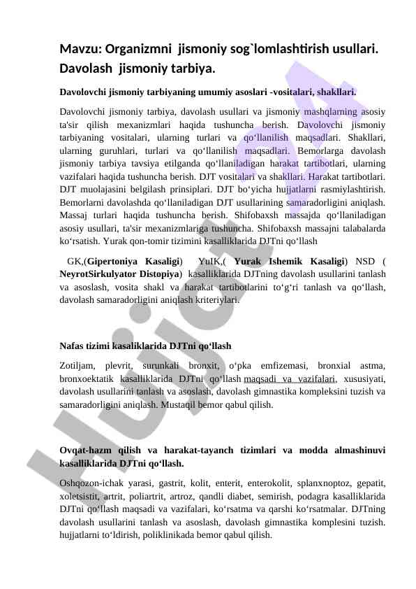 Jismoniy sog'lomlashtirish usullari va davolash metodlari