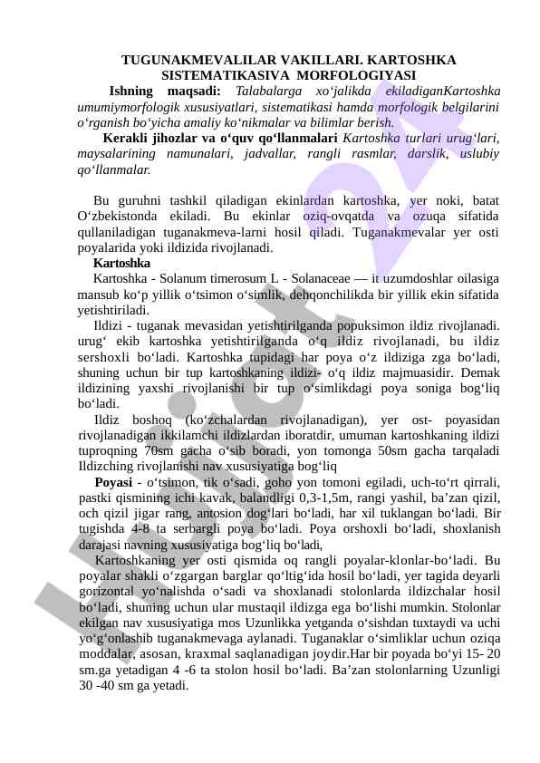 Kartoshka tizimatikasi va morfologiyasi