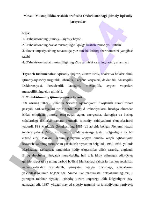O'zbekistondagi ijtimoiy-iqtisodiy jarayonlar