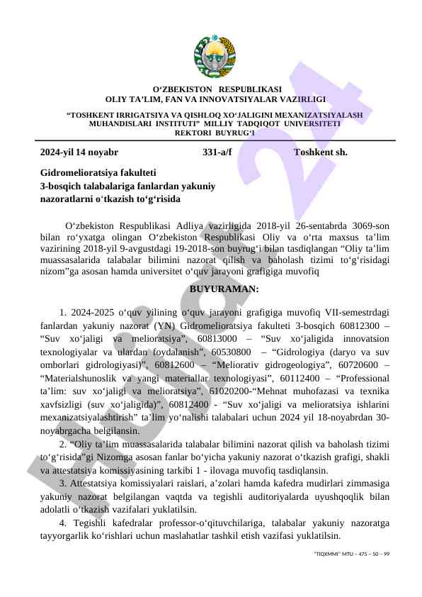 Gidromelioratsiya fakulteti yakuniy nazorat rejasi