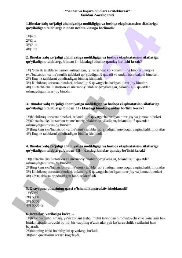 Sanoat va fuqaro binalari arxitekturasi testi
