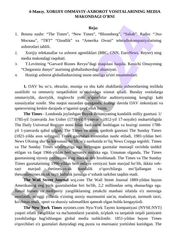 Xorijiy ommaviy-axborot vositalarining o’rni