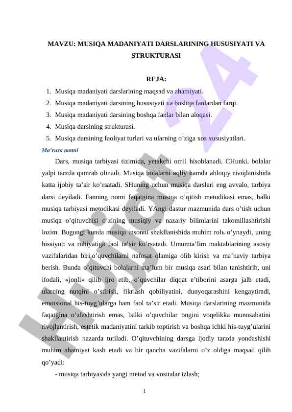 Musiqa madaniyati darslarining hususiyati va strukturasi