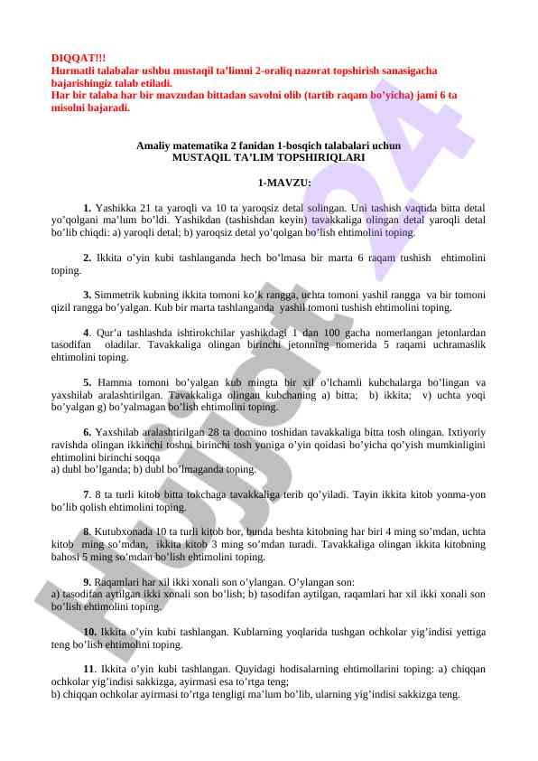 Amaliy matematika mustaqil ta’lim topshiriqlari